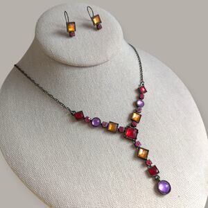 90s Juicy Cabochon Rhinestone Y Drop Necklace Set